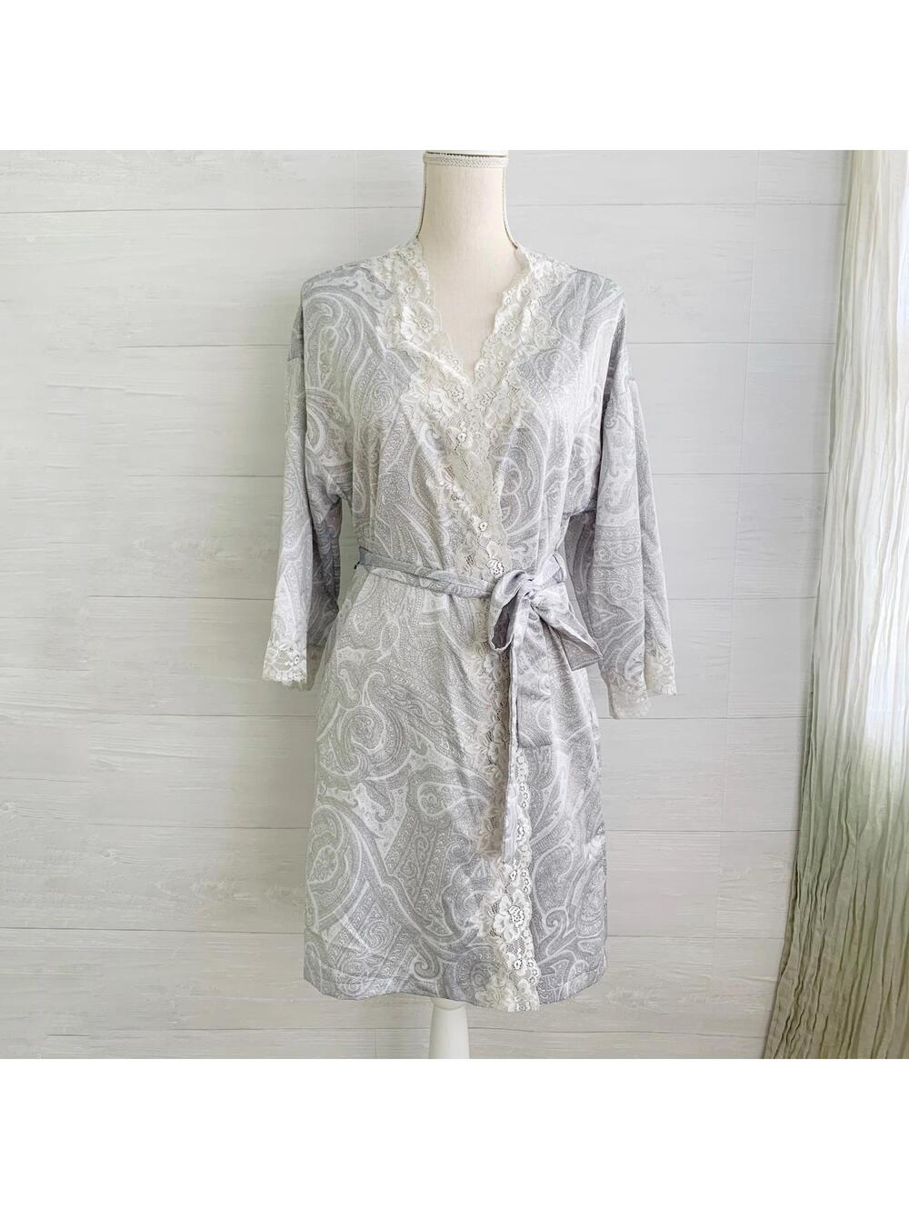 Lauren Ralph Lauren Gray Paisley Satin Lace Trim Robe Womens M Belted